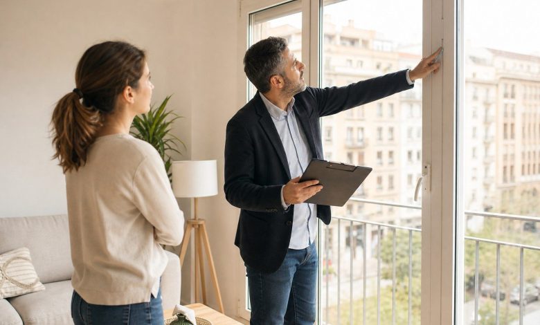 Arquitecto comprobando una ventana durante la inspección de habitabilidad de una vivienda