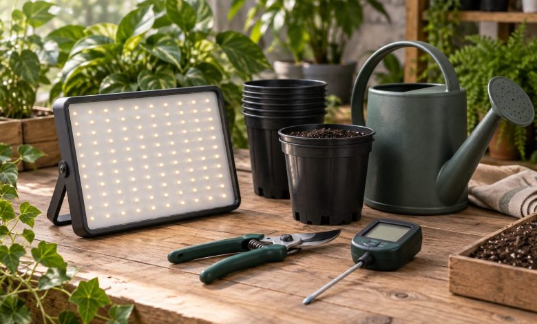 Panel de iluminación, macetas, regadera, tijeras y medidor sobre una mesa de jardinería.