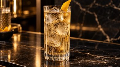 Vaso de bebida carbonatada con hielo y piel de cítrico sobre una barra oscura