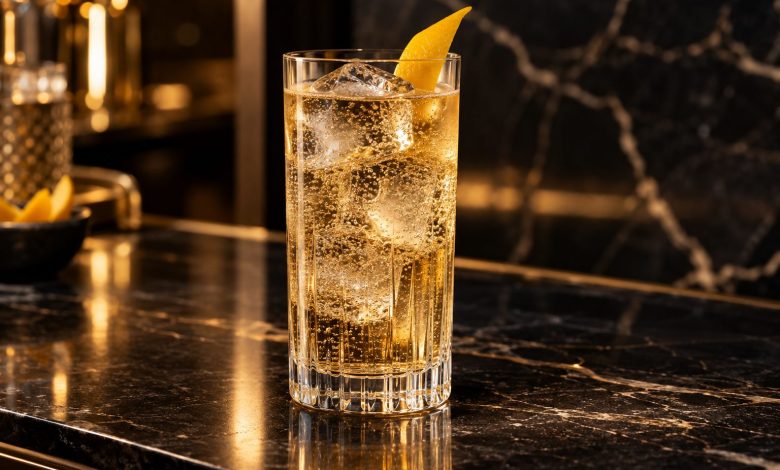 Vaso de bebida carbonatada con hielo y piel de cítrico sobre una barra oscura
