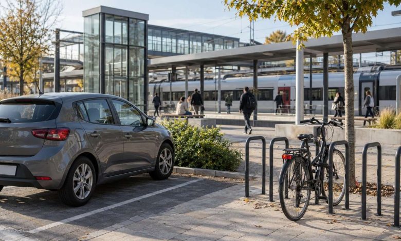 Coche estacionado y bicicleta en un intercambiador con un andén de tren visible al fondo.